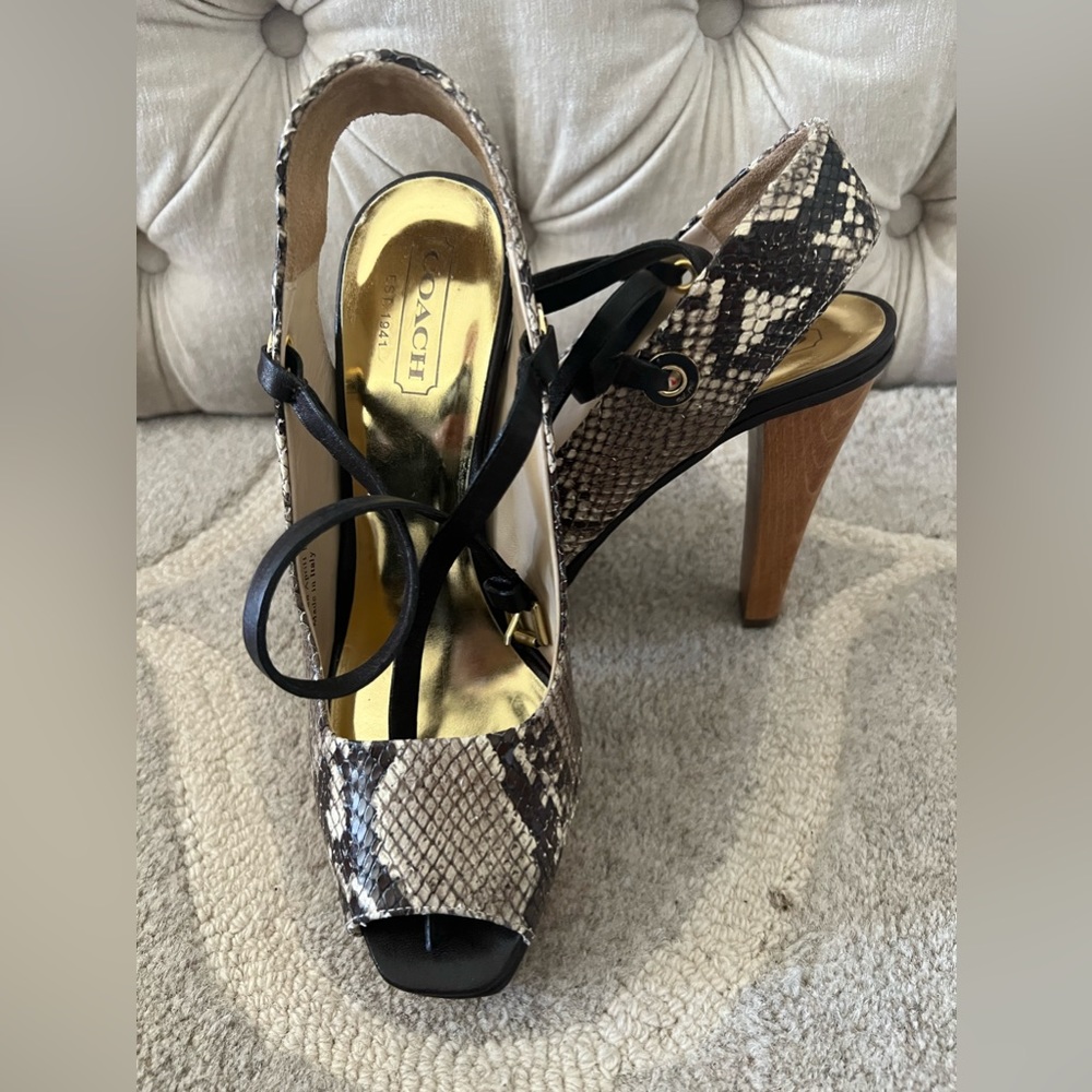 Coach Python Peeptoe heels w/ wooden heel and bottom